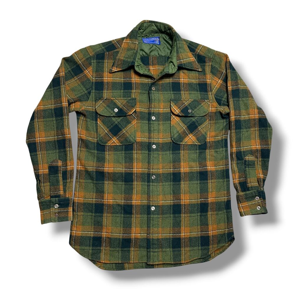 Vintage 70s JC Penney Wool Plaid Flannel Shirt Green Brown Sz M A+ Cond